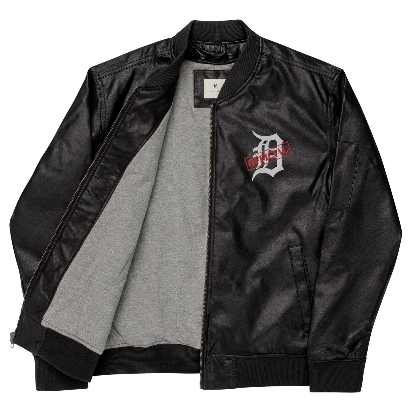 D-OFFICIAL BRANDS "Original Logo" Faux Leather Bomber Jacket (White Logo Collection)