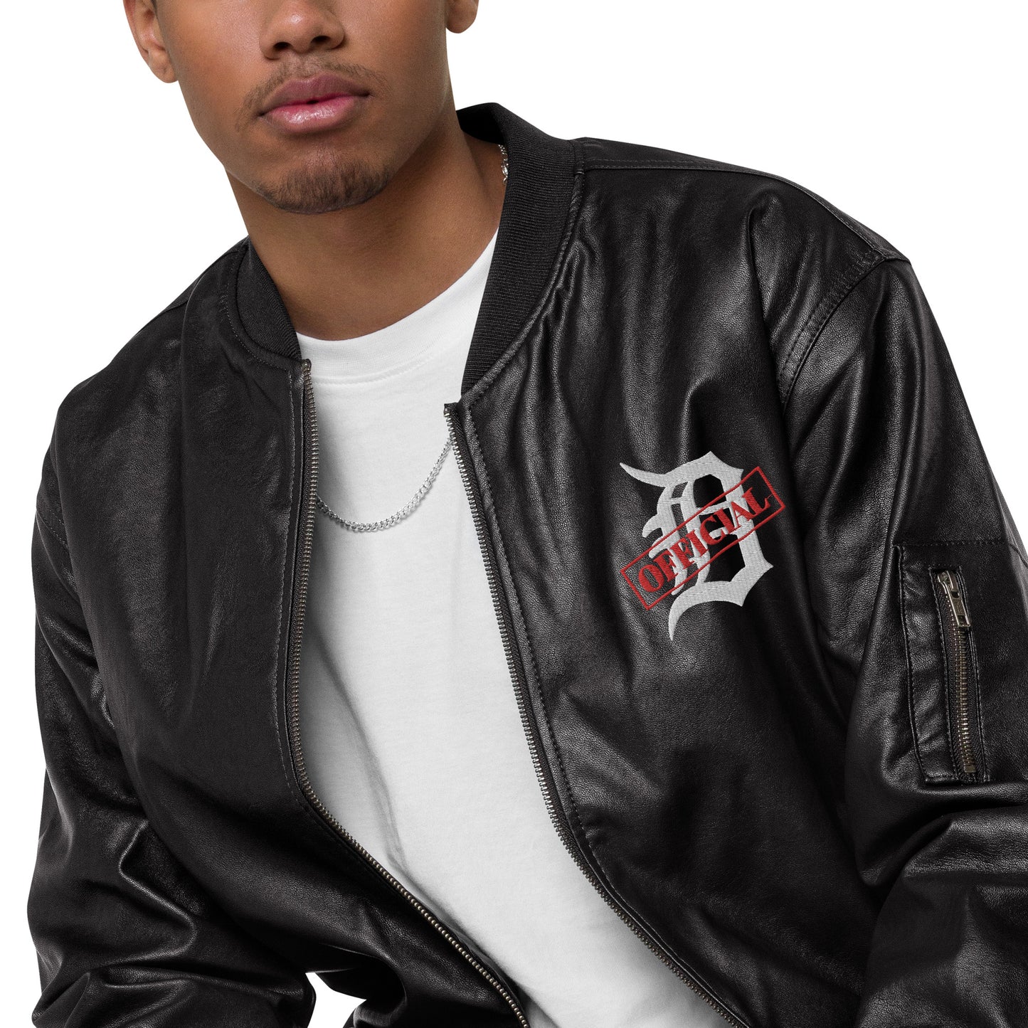 D-OFFICIAL BRANDS "Original Logo" Faux Leather Bomber Jacket (White Logo Collection)